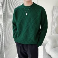 【YD】 Houndstooth Men Round Collar Sweater 2023 Warm Pullovers Homme Thickened