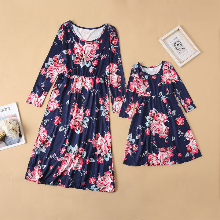 family-matching-outfits-mother-daughter-long-sleeve-dress-floral-print-for-mommy-and-me-women-girl-princess-dresses-family-look