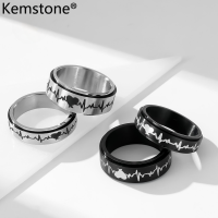 Kemstone สปินเนอร์แหวนแฟชั่นคลื่นไฟฟ้าหัวใจสแตนเลสหมุนได้สีดำเงินเครื่องประดับชุบสำหรับผู้ชายผู้หญิง