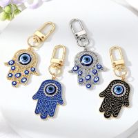 Bling Hollow Evil Eye Hamsa Hand Keychain Key Ring For Women Men Zircon Fatima Hand Blue Eye Bag Car Airpods Box Key Accessories Key Chains