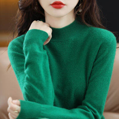 2023 Autumn and Winter New Half Turtleneck Sweater Womens Short Pullover Knitted Base Shirt Solid Color Long Sleeve Womens Top 2023