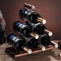 ชั้นวางขวดไวน์เหล็กสไตล์ยุโรป ชั้นวางไวน์โลหะ 6 ขวดSix bottle wine rack with wooden handle