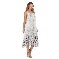 [COD] independent station cross-border hot selling European and fashion womens loose printed vest round neck chiffon dress