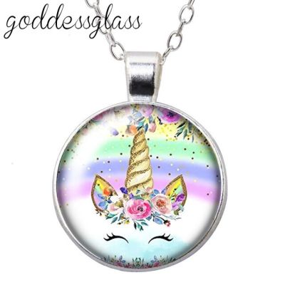 JDY6H New Magical Unicorn Colorful Rainbow Unicorn Round Glass glass cabochon silver plated/Crystal pendant necklace jewelry Gift