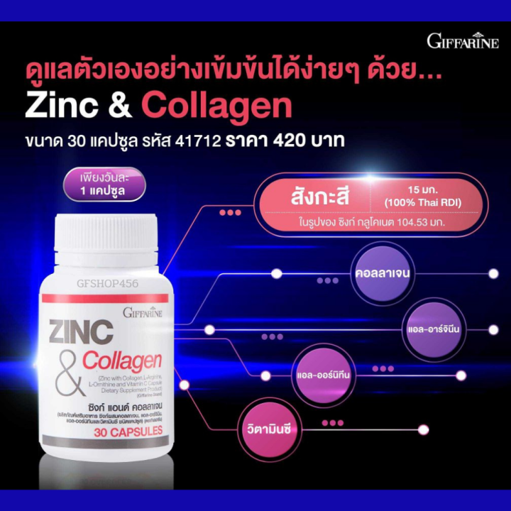 ซิงค์-กิฟฟารีน-ซิงก์-แอนด์-คอลลาเจน-zinc-amp-collagen-วิตามินซี-แอลอาร์จินิน-แอลออร์นิทีน-อาหารเสริม-บำรุง-ผิว-เล็บ-หน้ามัน-ผมร่วง-ร้าน-gfshop456