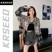 KRSEED เสื้อแจ็กเก็ตคาร์ดิแกนสำหรับผู้หญิง,เสื้อโค้ทคาร์ดิแกนปักลายอเมริกาแบบย้อนยุคเสื้อเชิ้ตลายสก๊อตสไตล์ย้อนยุคใส่ได้แขนยาวฤดูใบไม้ร่วง