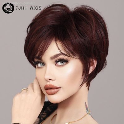 7JHH WIGS Short Bob Wig Wine Red Wig for Women Daily Party Natural Synthetic Hair Wigs with Fluffy Bangs Heat Resistant Fiber [ Hot sell ] tool center