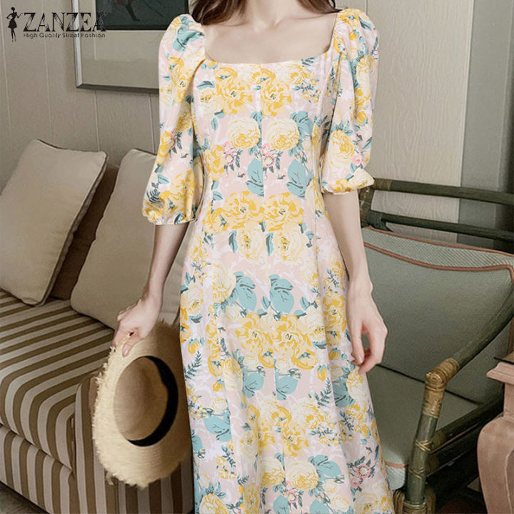 ZANZEA Korean Style Dress For Women Puff Sleeve Square Neck Floral Midi ...