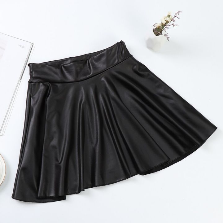 women-sexy-faux-leather-skirts-high-waist-elastic-mini-short-skirt-multi-purpose-for-skater-work-nightclub-knee-length-skirts