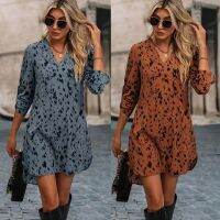 Summer fashion cultivate ones morality v-neck female leopard grain long-sleeved dress