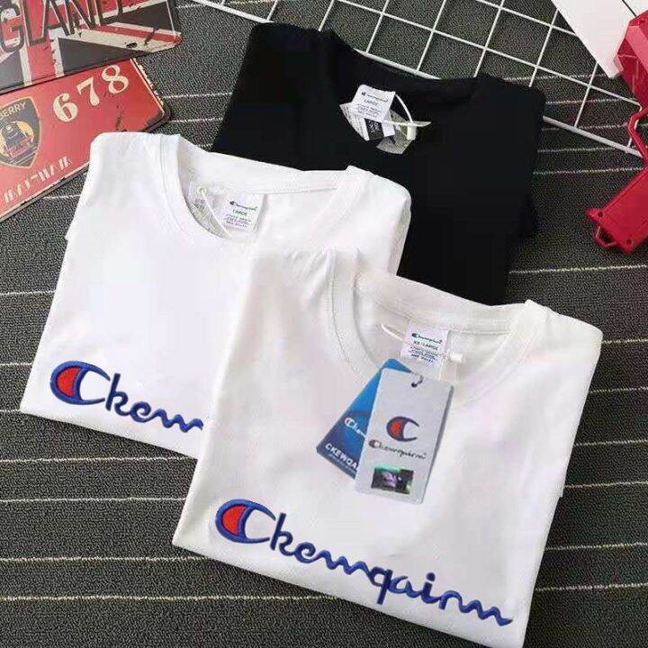 champion-เสื้อคู่เสื้อยืดแขนสั้นผู้ชาย-เสื้อคอตตอนแขนสั้นผ้าคอตตอนทรงหลวมปักลายตัวอักษรยี่ห้อดังปลายเสื้อแบบลำลองสวมใส่ในฤดูร้อน