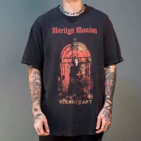 Vintage Rock Band High Street เสื้อยืดขนาดใหญ่ Red Manson Tarot Distressed Wash พิมพ์แขนสั้นลำลองหลวม T-Shirt