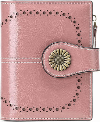 SENDEFN Small Womens Wallet Leather Bifold Card Holder RFID Blocking with Zipper Coin Pocket 1-Wax-Pink
