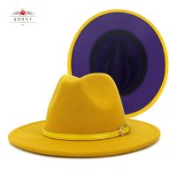 QBHAT Yellow Blue Patchwork Wool Felt Fedora Hats With Yellow Leather Band Vintage Fashion Men Women Jazz Cap Panama Hat