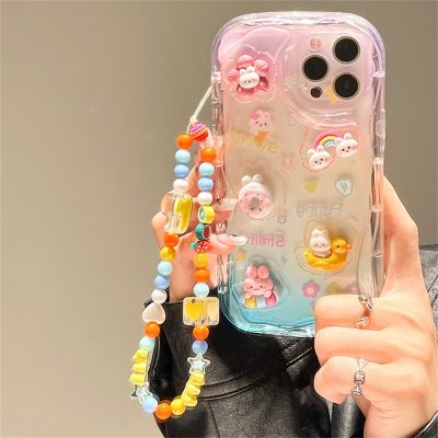 Korean Cute 3D Rabbit Flower With Fruit Chain Lanyard Soft Phone Case For iPhone 14Pro Max 12 Pro 13 11 XR Clear Candy Cover