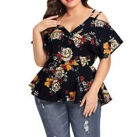 COD DSFERTRETRE ?HOT SALE?Womens Plus Size Short Sleeve Shirt Cold Shoulder Floral Peplum Top Blouse