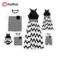 【YF】 PatPat Family Matching Cotton Short-sleeve T-shirts and Chevron Striped Halter Spliced Dresses Sets