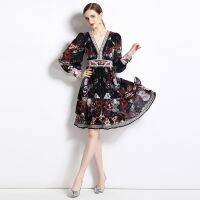 Women New Dress Real Shot  Flower Print Black Mesh Midi Dress Long Sleeve A- Line DRESS