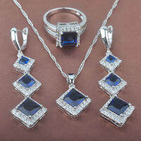 Amazing Square Blue Cubic Zirconia ชุดเครื่องประดับสำหรับสตรีคริสตัลต่างหูและสร้อยคอจี้แหวนสร้อยข้อมือชุด YZ0200