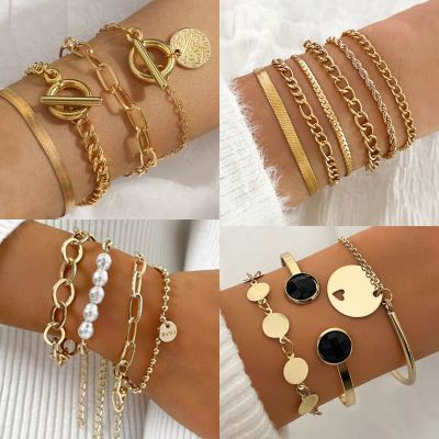 New Boho Multilayer Link Chain Bracelet Set For Women Men Punk Pearl Charm Chain Bracelet Bangle Kpop Party Jewelry Bijoux Gifts