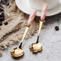 Tea Dessert Coffee Mixing Spoon Ceramic Handle Gold Long Handle Stainless Steel Teaspoons Tableware Flower Type Design Tableware