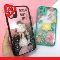 iPhone i6 / i11 เคสมือถือ TPU ขอบสี กันกล้อง กากเพชรกริตเตอร์ไล่สี ลายการ์ตูนผู้หญิง ลายดอกไม้ น่ารัก