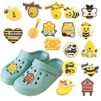 1-17Pcs PVC Honey Beehive DIY Cute Children Croc Jibz Shoe Charm Buckle Clog Yellow Bee Shoe Accessories Birthday Gift