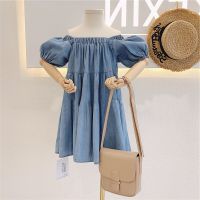 Mom And Daughter Family Clothing  Summer Children Clothes 2 - 8 Years Baby Girl Shoulderless Dress Casual Denim Blue Frocks