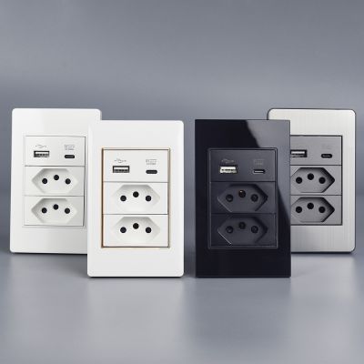 ┇ Brazil Socket with USB Type c 10A 20A Wall outlet 118x72mm PC Glass Stainless Steel panel home improvement