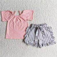 milk silk summer clothes for girls kid kids clothing wholesale Pinknavy blue suspenders + striped shorts