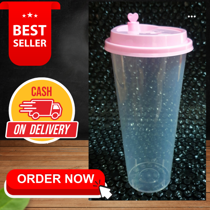 👌👌plastic Cups Milk Tea Cups 22oz Slim Hard Cup With Heart Lids Cups 90mm 50 Pcs Pink Lid👌 9311