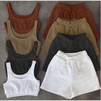 ◇☋ Shorts Sets Crop Piece And Drawstring Matching Sportswear Athleisure Outfits