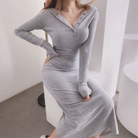 WOMENGAGA 2021 Autumn New Korean Slim Long Maxi Hoodie Dress Knitted Casual Hooded Split Skinny Hip Dresses Robe Sexy Tops M8FJ