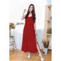 B983 MaxiDressลายจุดกระโปรงผ่่า MaxiDress Polka Dot Split Skirt