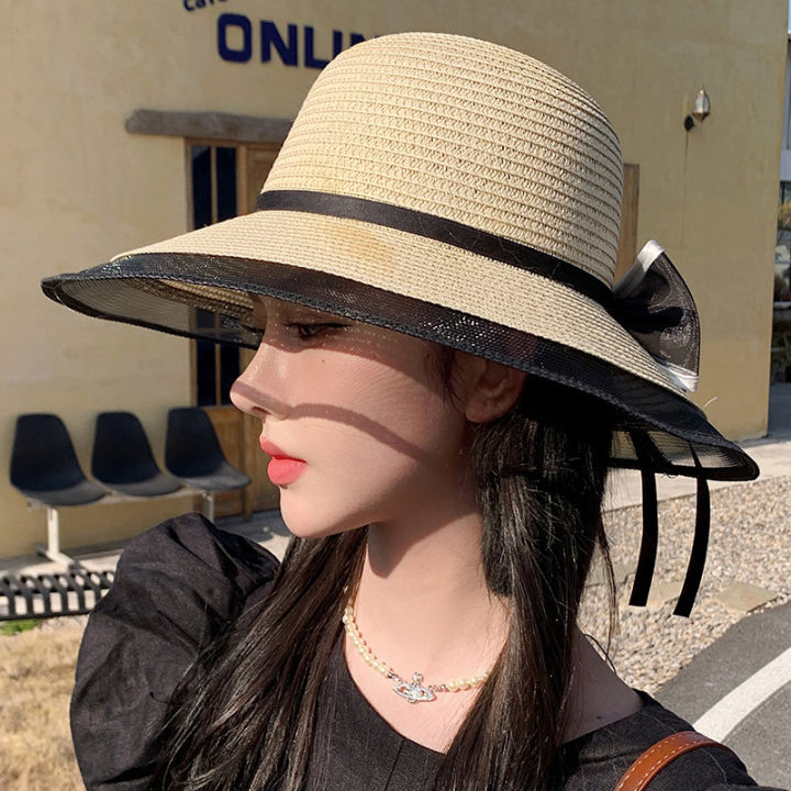 หมวกฟางแบนแบนด้านบนผู้หญิงเกาหลีรุ่น-chaoxia-beach-หมวกกันแดดหมวกปีกแบนขอบสุทธิ-lnpi