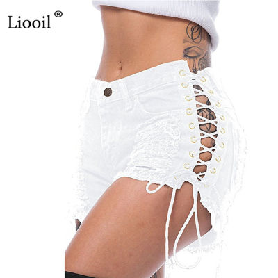 Liooil Plus Size Tassel Denim Party Rave Shorts Women Sexy Club Skinny Lace Up Mid Waist Hole Rivet Button Fly Black Short Jeans