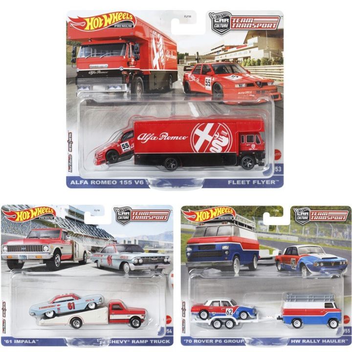 original-hot-wheels-team-transport-premium-car-culture-alfa-fleet-flyer-chevy-ramp-truck-rover-rally-toys-for-boys-alloy-models