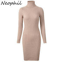 Neophil 2022 Womens Winter Knitted Sheath Turtle Neck Dresses Long Sleeve Bodycon Solid Basic y Mini Dresses Vestidos D1801