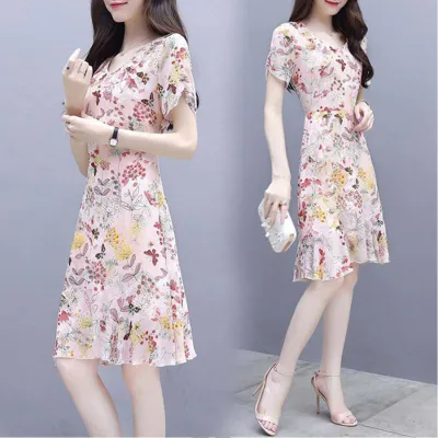 Summer Women Fashion Elegant Slim Flower Printing Short Sleeve Dress