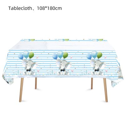 [HOT QIKXGSGHWHG 537] 1ชิ้นผ้าปูโต๊ะช้างสีฟ้าดอกไม้ธีมทิ้ง TablewareBanner ฉากหลังตกแต่งชุดสำหรับเด็ก39; SBirthday อุปกรณ์
