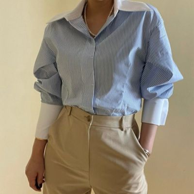 Womens Shirt Korean Chic French Loose Design Sense Color Lapel Pearl Cufflinks Long Sleeve Striped Blouse Women Rachel