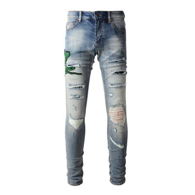 ✵№∈ TRENDAMIRI Street Fashion Man Jeans กางเกงยีนส์สีน้ำเงินสลิมฟิตงูเห่าเย็บปักถักร้อยพิมพ์กางเกงยีนส์เทรนด์ของผู้ชาย
