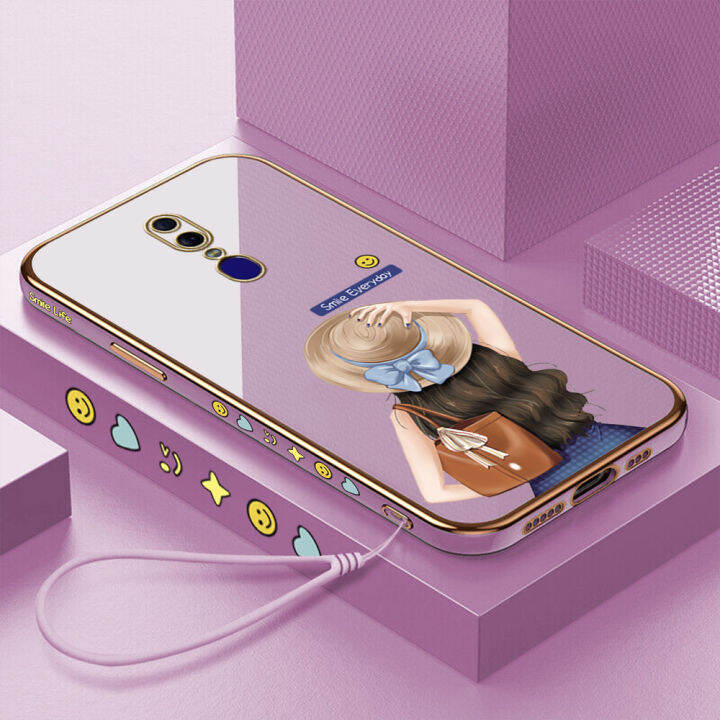 คลังสินค้าพร้อม-เคสเคสมือถือสำหรับ-f11-oppo-พร้อมสายคล้อง-หมวกการ์ตูนเด็กผู้หญิงขอบสี่เหลี่ยมชุบเคลือบผิวแบบนิ่มฝาหลัง