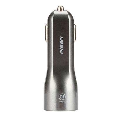 PISEN อะแดปเตอร์คู่ชาร์จไฟในรถยนต์ Dual USB iPad Car Charger 2A USB 5 โวลล์ ขาล็อคแบบสปริง โทรศัพท์ได้แม้เสียบชาร์จไฟอยู่ สะดวกสบายเสียบได้ทันที -สีเทาา