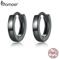 bamoer New 925 Sterling Silver Black Gold Ear Buckles Simplicity Hoop Earrings Korean for Women Men DIY Fashion Jewelry SCE1230