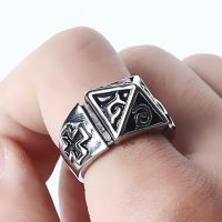 Mens titanium steel cross pyramid Wolf; preventer tide male personality domineering self-defense letters restoring ancient ways ring package mail —D0517