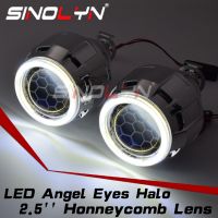 Sinolyn 2.5 Bixenonรังผึ้งเลนส์โปรเจคเตอร์Angel Eyes LED Haloแกะสลักสีฟ้าเลนส์H4 H7รถจักรยานยนต์ไฟหน้าretrofit H1 HIDหลอดไฟLED