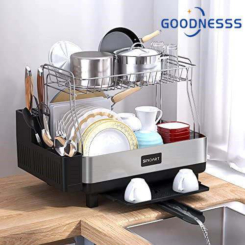 Cutlery Drying Rack and Drainer, 2Tier Large Cutlery Rack with Swivel