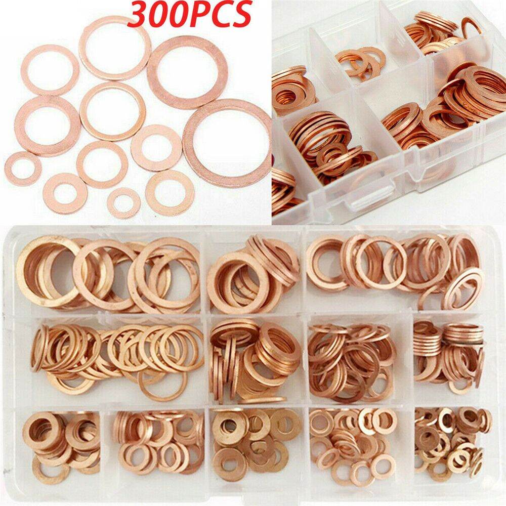 300 Pcs Mixed Size Car Off-Road Solid Copper Crush Washers Flat Ring Gaskets Kit 