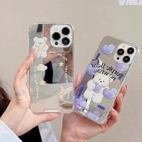 COD DSFDGFNN แฟชั่น เรียบง่าย กระจกเงา สีฟ้าและสีขาว หมี เคส iPhone 14 13 12 11 pro max Apple phone case xs max x xr 7plus 8 plus se 2020 CASE